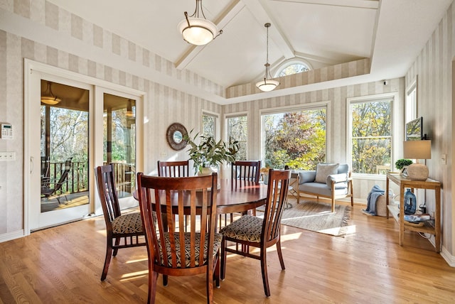 dining room featuring lofted ceiling and light wood-type flooring