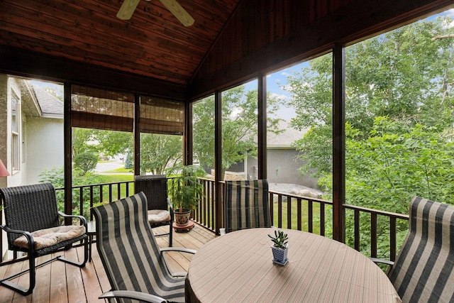 sunroom with ceiling fan, wooden ceiling, and vaulted ceiling