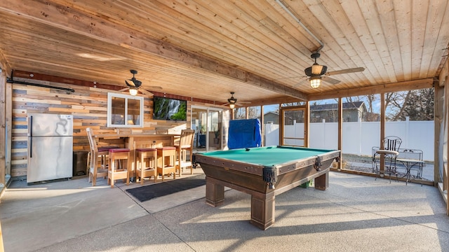 recreation room with wood ceiling and billiards