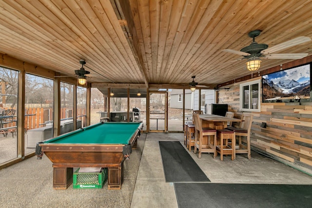 recreation room featuring wooden ceiling and billiards