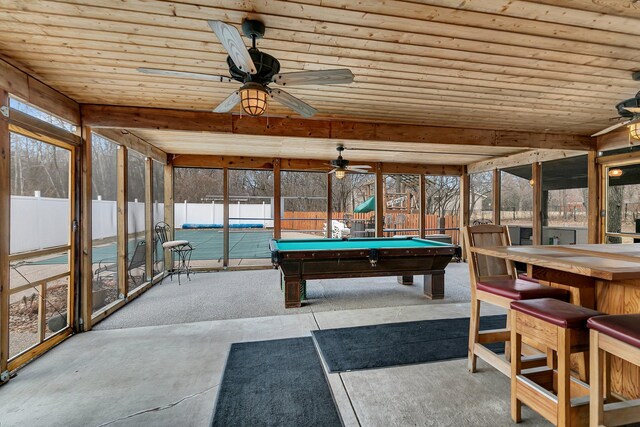 game room featuring ceiling fan, wood ceiling, and billiards