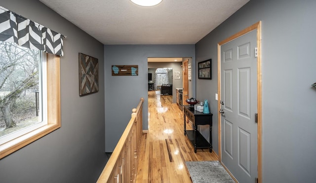 hall featuring light hardwood / wood-style floors and a textured ceiling