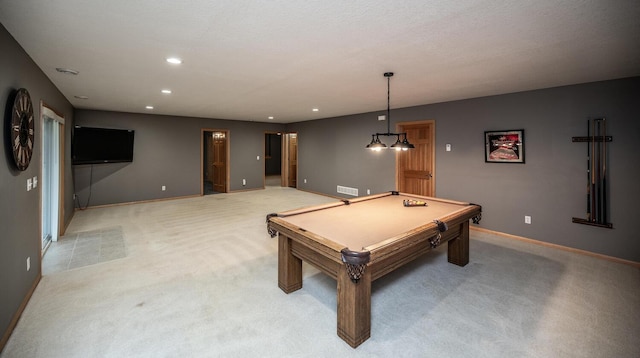 playroom with light colored carpet and billiards