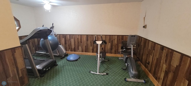 workout area with ceiling fan