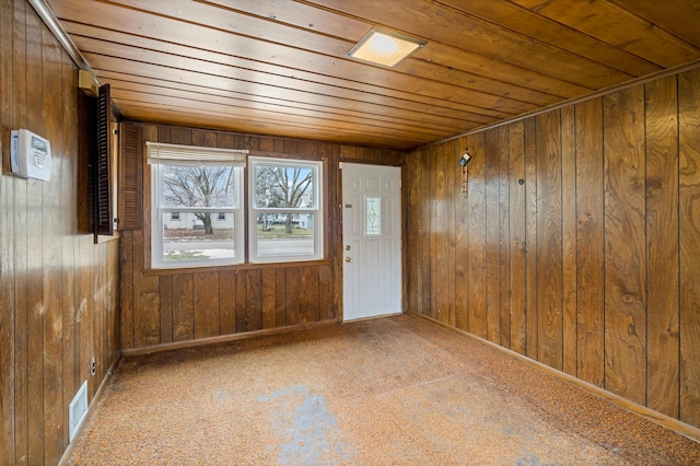 unfurnished room featuring wood walls and wood ceiling