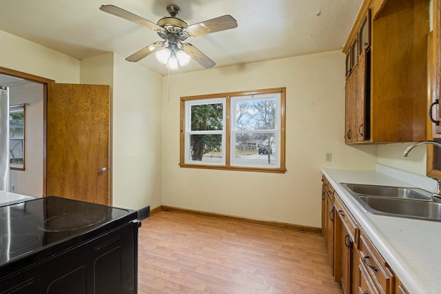 kitchen featuring sink, a wealth of natural light, light hardwood / wood-style flooring, and black electric range