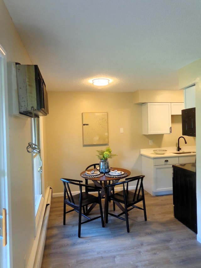 dining space featuring sink and hardwood / wood-style floors