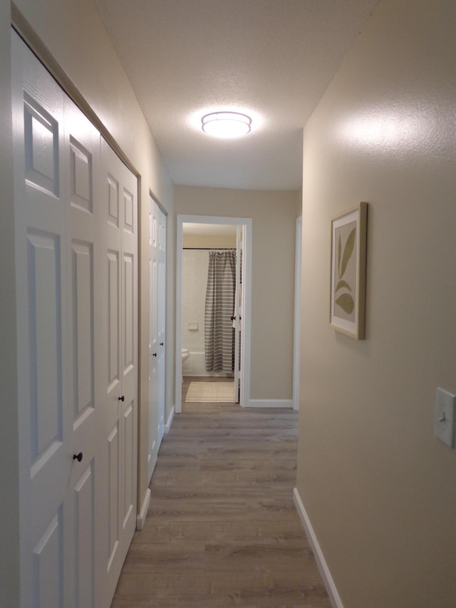 hall with a textured ceiling and hardwood / wood-style flooring