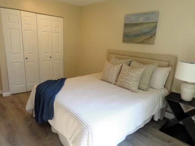 bedroom featuring dark hardwood / wood-style flooring, a baseboard radiator, and a closet