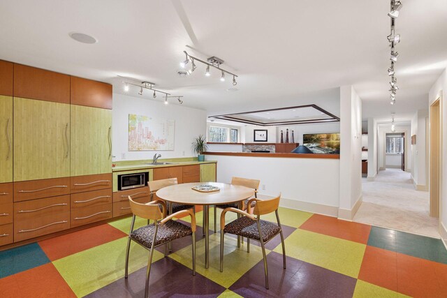 interior space with baseboards, rail lighting, and light floors