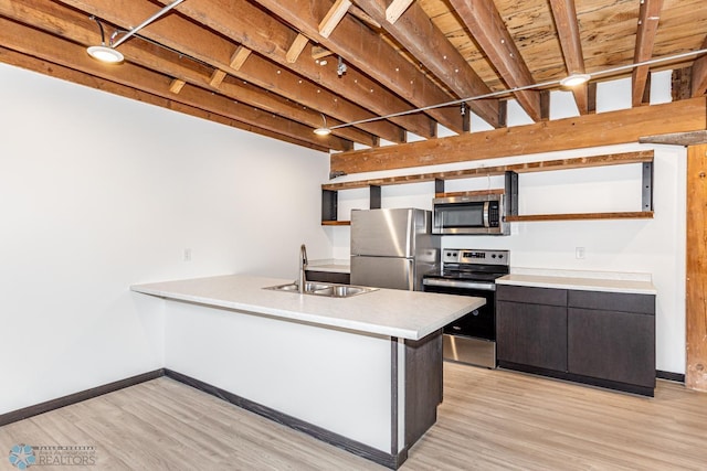 kitchen with appliances with stainless steel finishes, a peninsula, light wood-type flooring, open shelves, and a sink