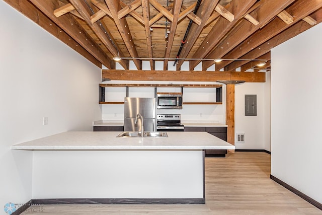 kitchen featuring electric panel, sink, light hardwood / wood-style floors, wood ceiling, and stainless steel appliances