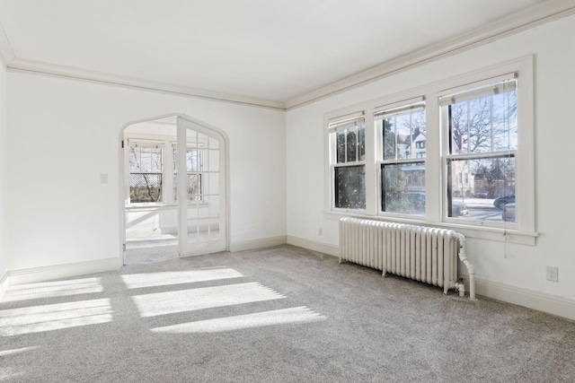 spare room with light colored carpet, radiator heating unit, and ornamental molding