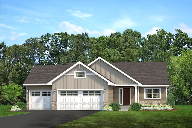 craftsman inspired home featuring a front lawn and a garage