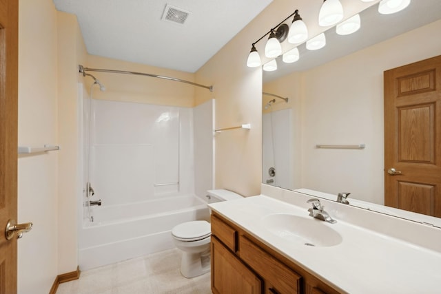 full bath featuring visible vents, vanity, toilet, and shower / bathtub combination