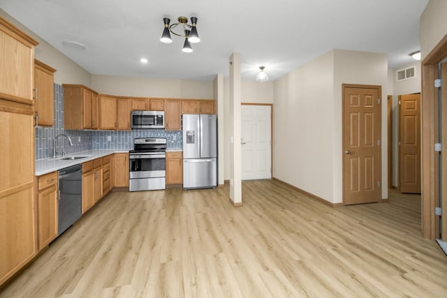 kitchen with sink, decorative backsplash, stainless steel appliances, and light hardwood / wood-style floors