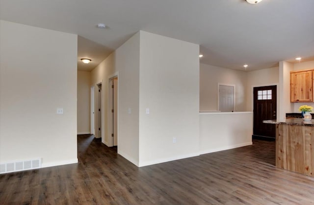 interior space with stone countertops, dark hardwood / wood-style floors, and light brown cabinetry