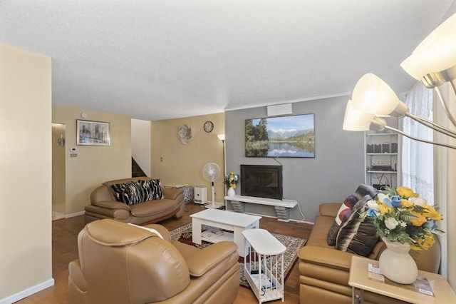 living room featuring a textured ceiling and wood-type flooring