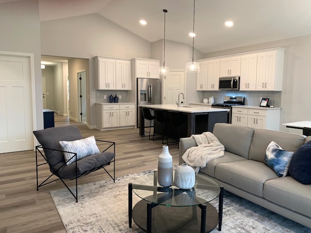 living room with sink, light hardwood / wood-style floors, and high vaulted ceiling