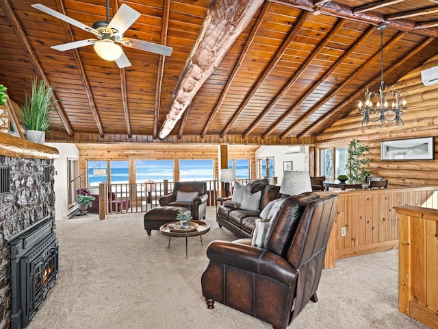 unfurnished living room with light carpet, beam ceiling, ceiling fan with notable chandelier, and a healthy amount of sunlight