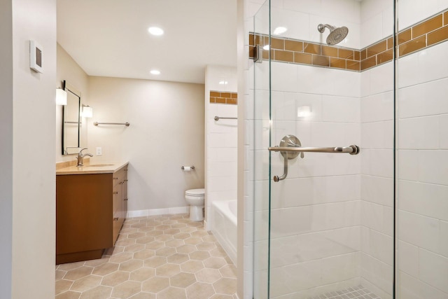 full bathroom featuring tile patterned floors, vanity, toilet, and plus walk in shower