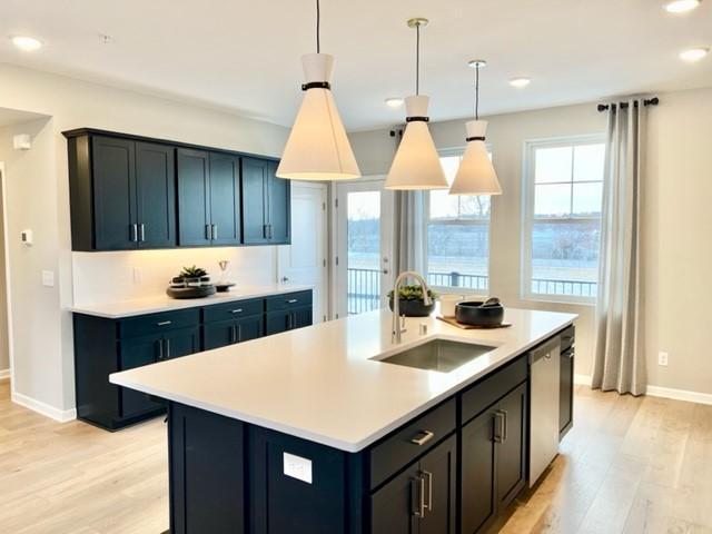 kitchen with sink, stainless steel dishwasher, pendant lighting, a kitchen island with sink, and light wood-type flooring