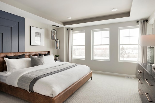 carpeted bedroom featuring a tray ceiling