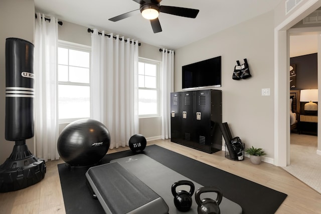 exercise room with hardwood / wood-style flooring and ceiling fan