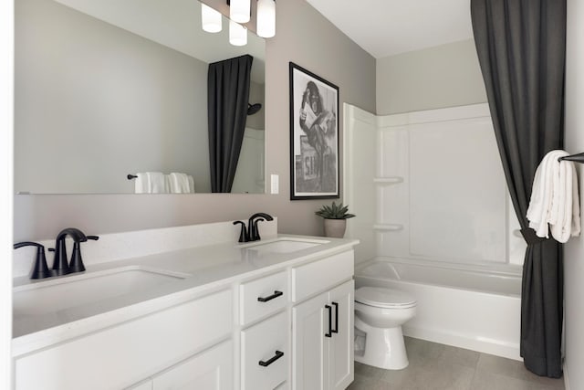 full bathroom featuring tile patterned floors, vanity, shower / bath combination with curtain, and toilet