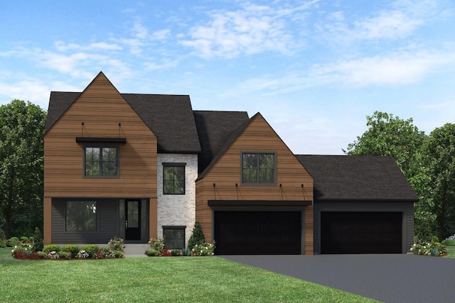 view of front of home with a garage, driveway, a shingled roof, a front lawn, and brick siding