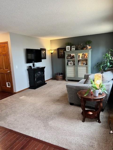 carpeted living room with a textured ceiling