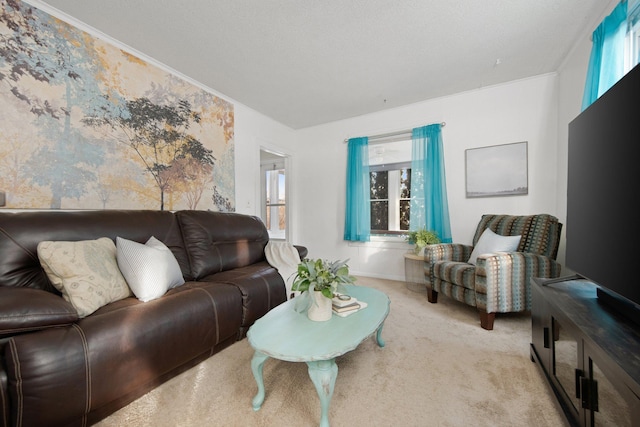 carpeted living room with ornamental molding