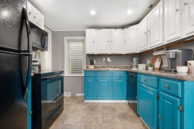 kitchen with sink, white cabinets, black appliances, and blue cabinets