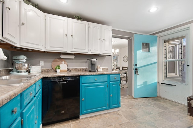 kitchen featuring dishwasher, white cabinetry, blue cabinetry, and ornamental molding