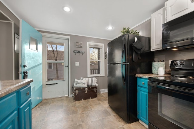 kitchen featuring black appliances, white cabinets, ornamental molding, and blue cabinetry