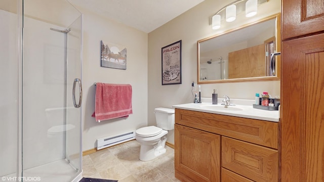 bathroom with a shower with shower door, baseboard heating, toilet, and vanity