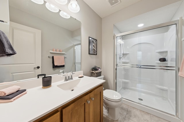 full bath with tile patterned flooring, toilet, vanity, visible vents, and a shower stall