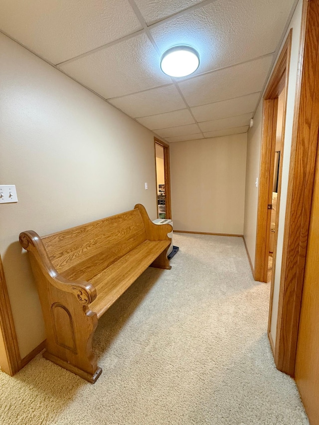 living area featuring carpet flooring, baseboards, and a paneled ceiling