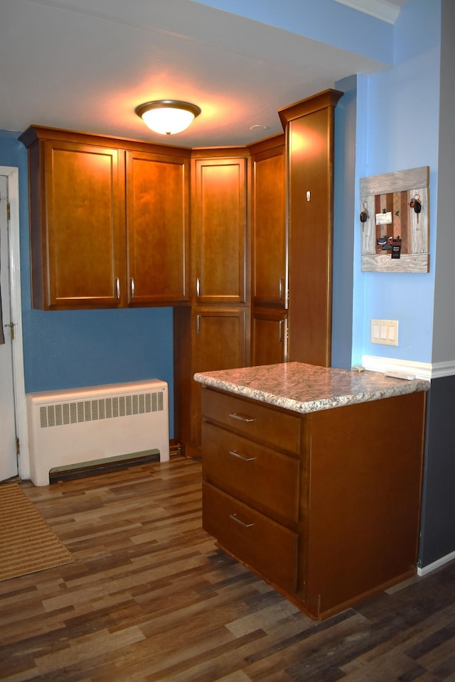 kitchen with dark hardwood / wood-style flooring, light stone countertops, and radiator heating unit