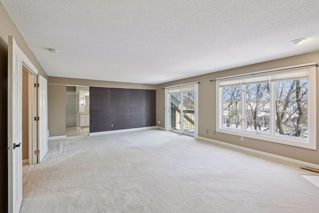 interior space with a textured ceiling and light colored carpet