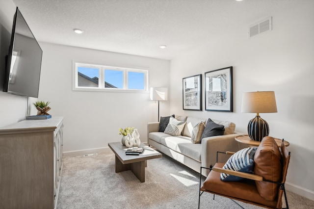 carpeted living room with a textured ceiling