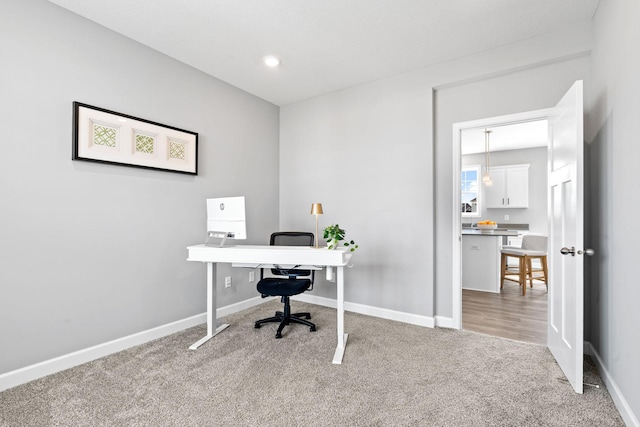 home office with recessed lighting, baseboards, and carpet floors