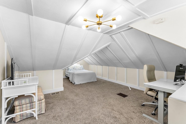 bedroom featuring an inviting chandelier, vaulted ceiling, carpet, and visible vents