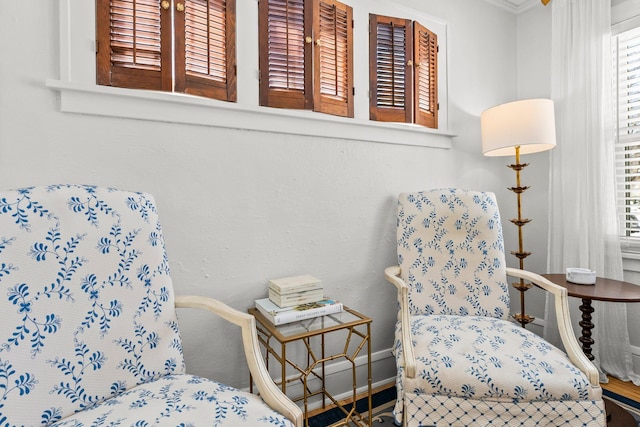 living area featuring baseboards