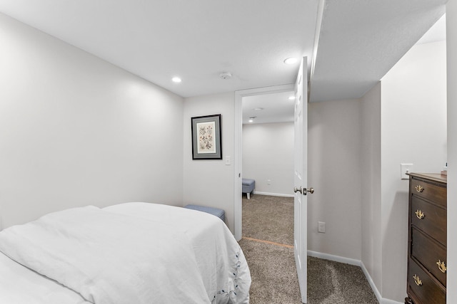 bedroom with recessed lighting, carpet, and baseboards