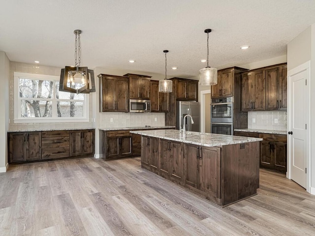 kitchen with pendant lighting, light hardwood / wood-style floors, a center island with sink, and stainless steel appliances