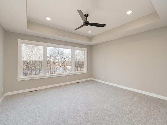 unfurnished room featuring ceiling fan, a raised ceiling, and a wealth of natural light