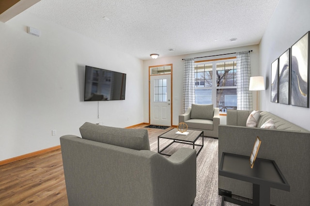 living room featuring wood-type flooring and a textured ceiling