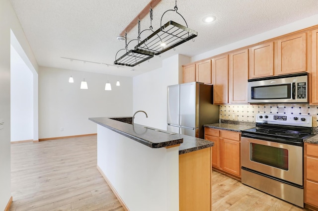 kitchen with appliances with stainless steel finishes, a kitchen island with sink, pendant lighting, and light hardwood / wood-style flooring