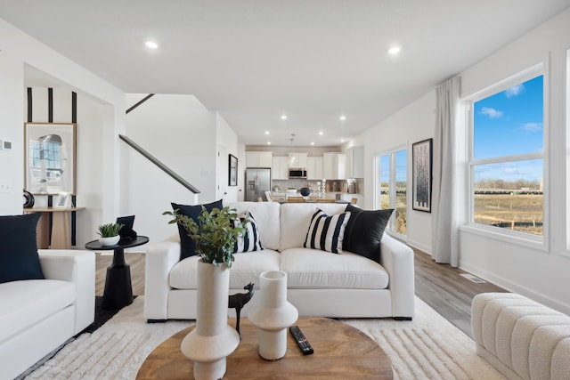 living room with light hardwood / wood-style floors and plenty of natural light